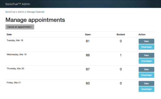 Audio-Technica Administrators can view the number of booked timeslots per day